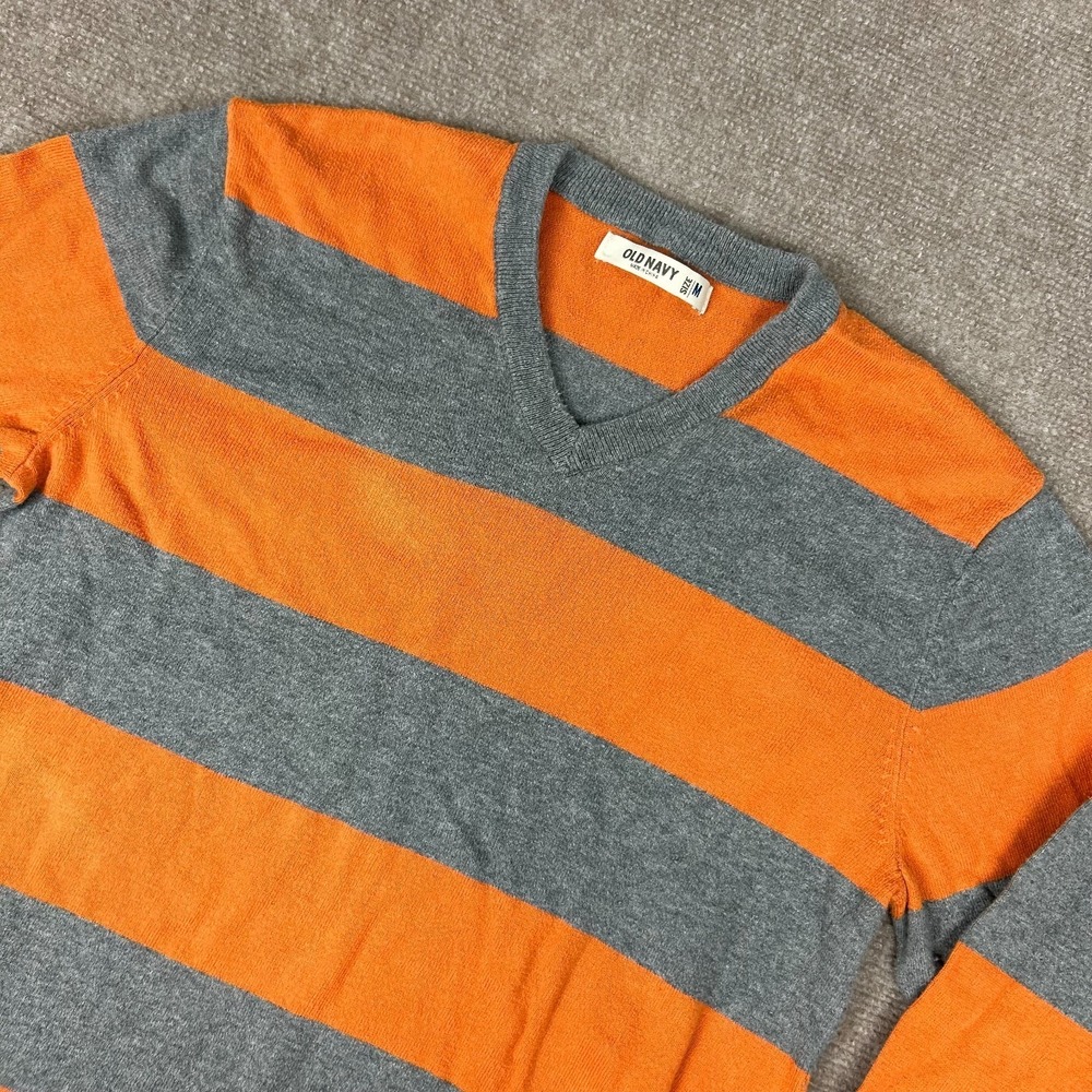 Old Navy‎ Sweater Mens Medium Gray Orange Striped Chunky Knit Ribbed Hem V Neck